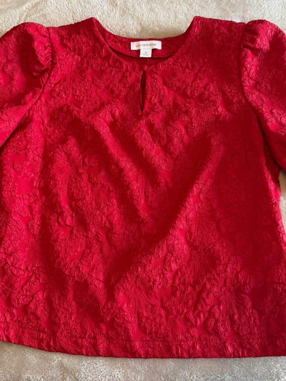 Liz Claiborne Vibrant Red Textured Puff-Sleeve Top